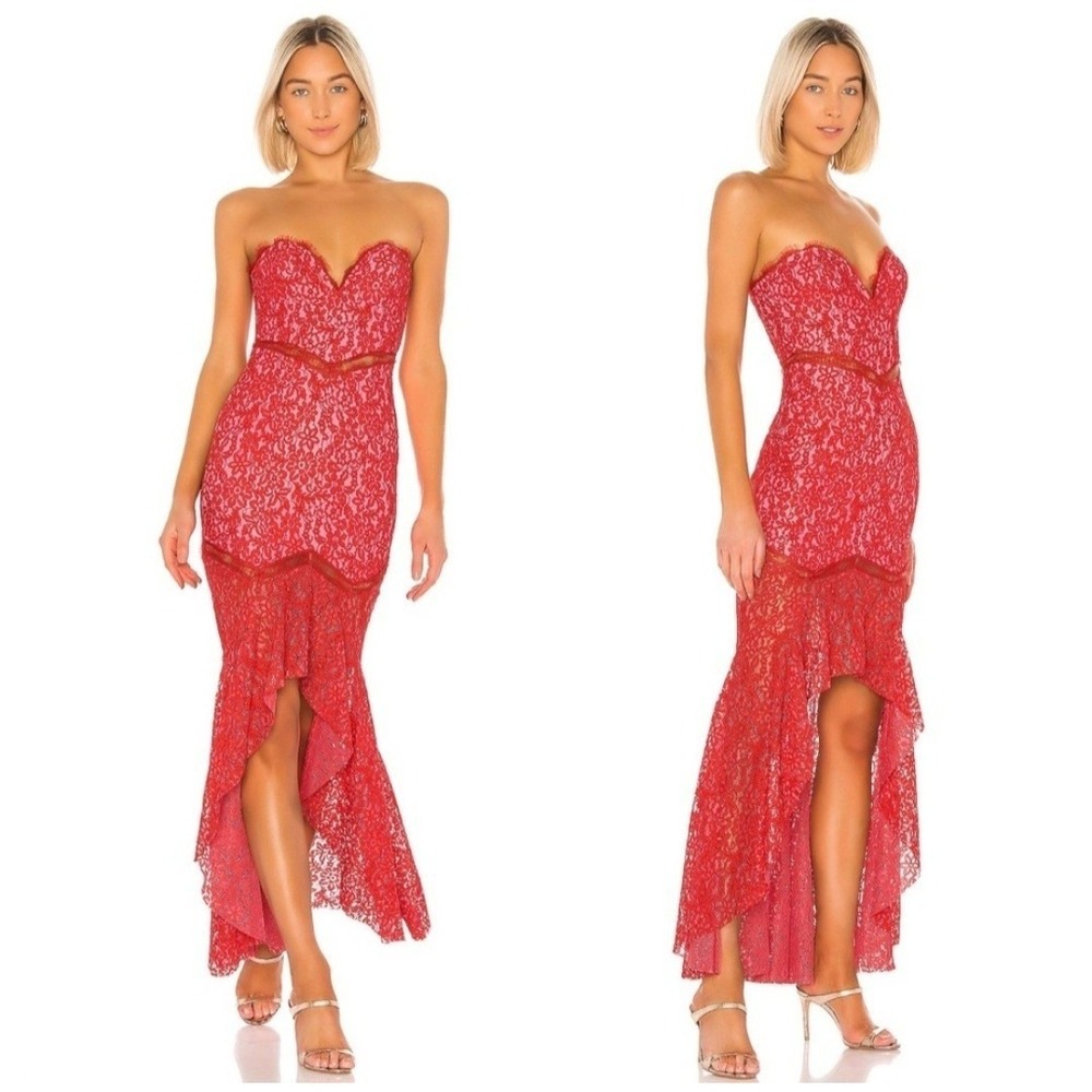 Lovers + Friends Keva‎ Guipure Lace Strapless Gown Sz M Red Pink Hi Low Evening